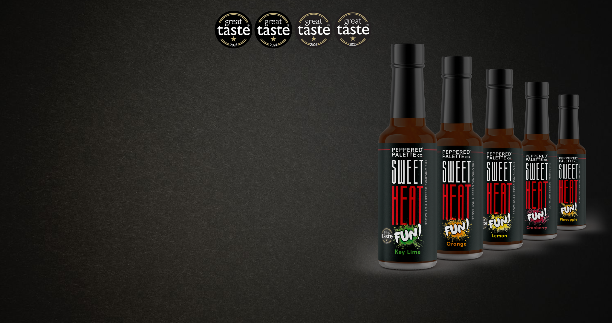 5 bottles of Sweet Heat Fun! hot sauces and 4 Great Taste award logos on dark background