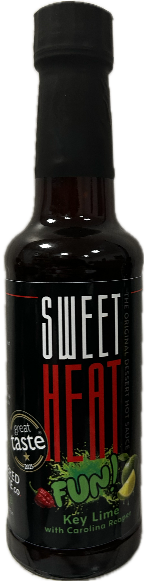 Bottle of Key Lime with Carolina Reaper Sweet Heat Fun! hot sauce