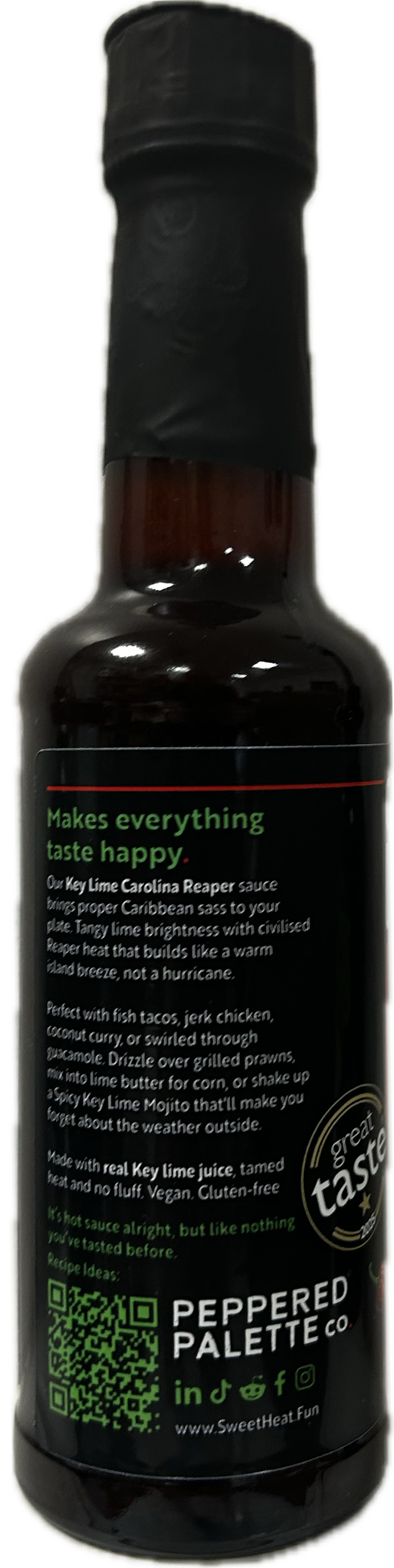 Left hand panel of Key Lime with Carolina Reaper Sweet Heat Fun! hot sauce
