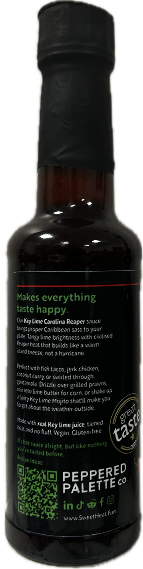 Left hand panel of Key Lime with Carolina Reaper Sweet Heat Fun! hot sauce