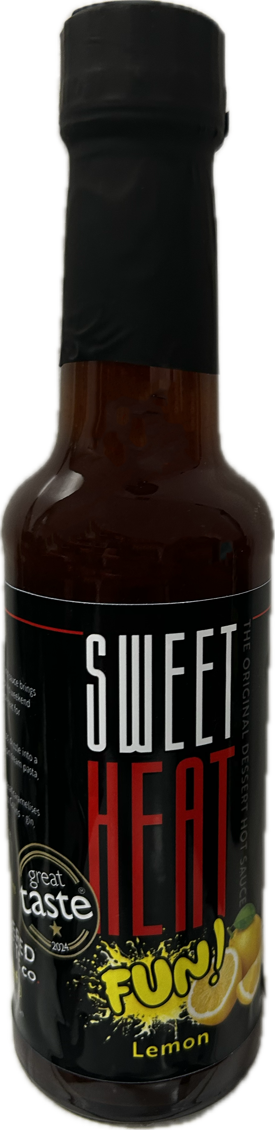 Bottle of Lemon Sweet Heat Fun! hot sauce with a black label 