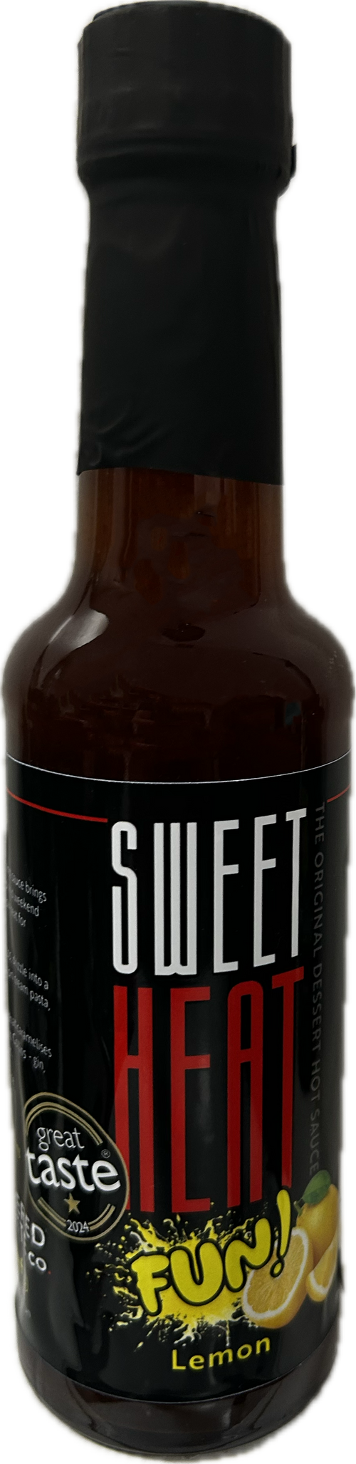 Bottle of Lemon Sweet Heat Fun! hot sauce with a black label 